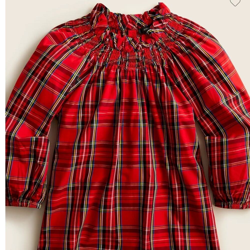 J Crew Smocked Peasant Blouse Ruffle Neck Red Tartan Plaid Size Medium NWT